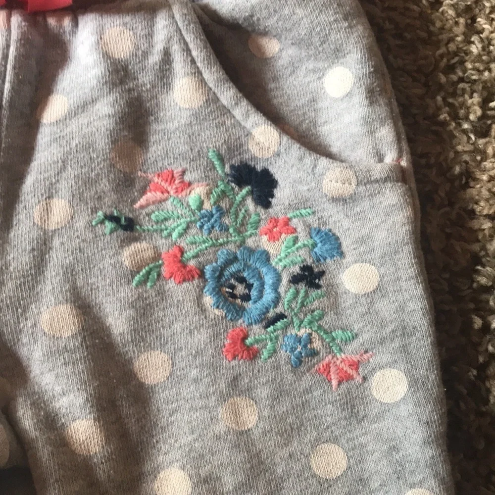 Oshkosh Gray Sweat Pants White Polka Dots Blue and Orange Flowers